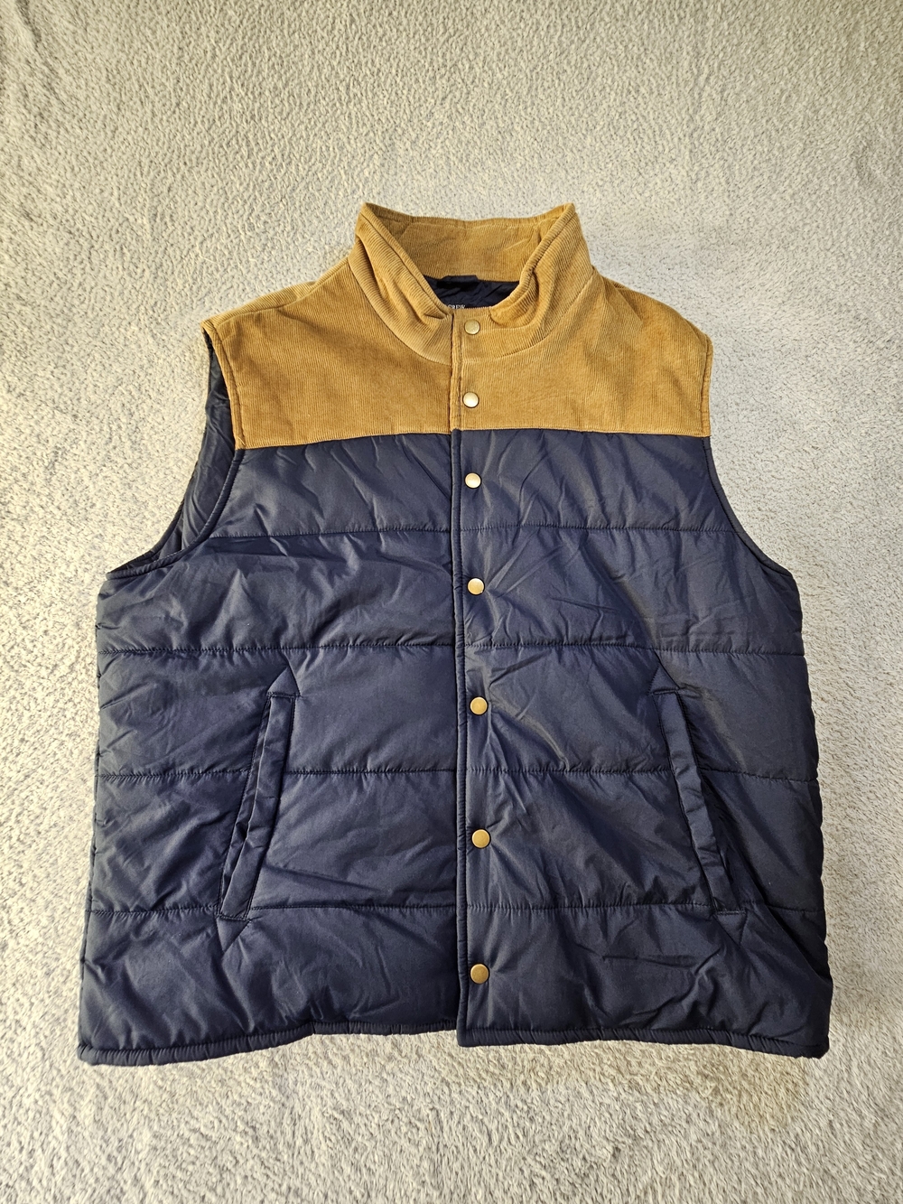 J. Crew Navy Quilted Vest with Tan Yoke